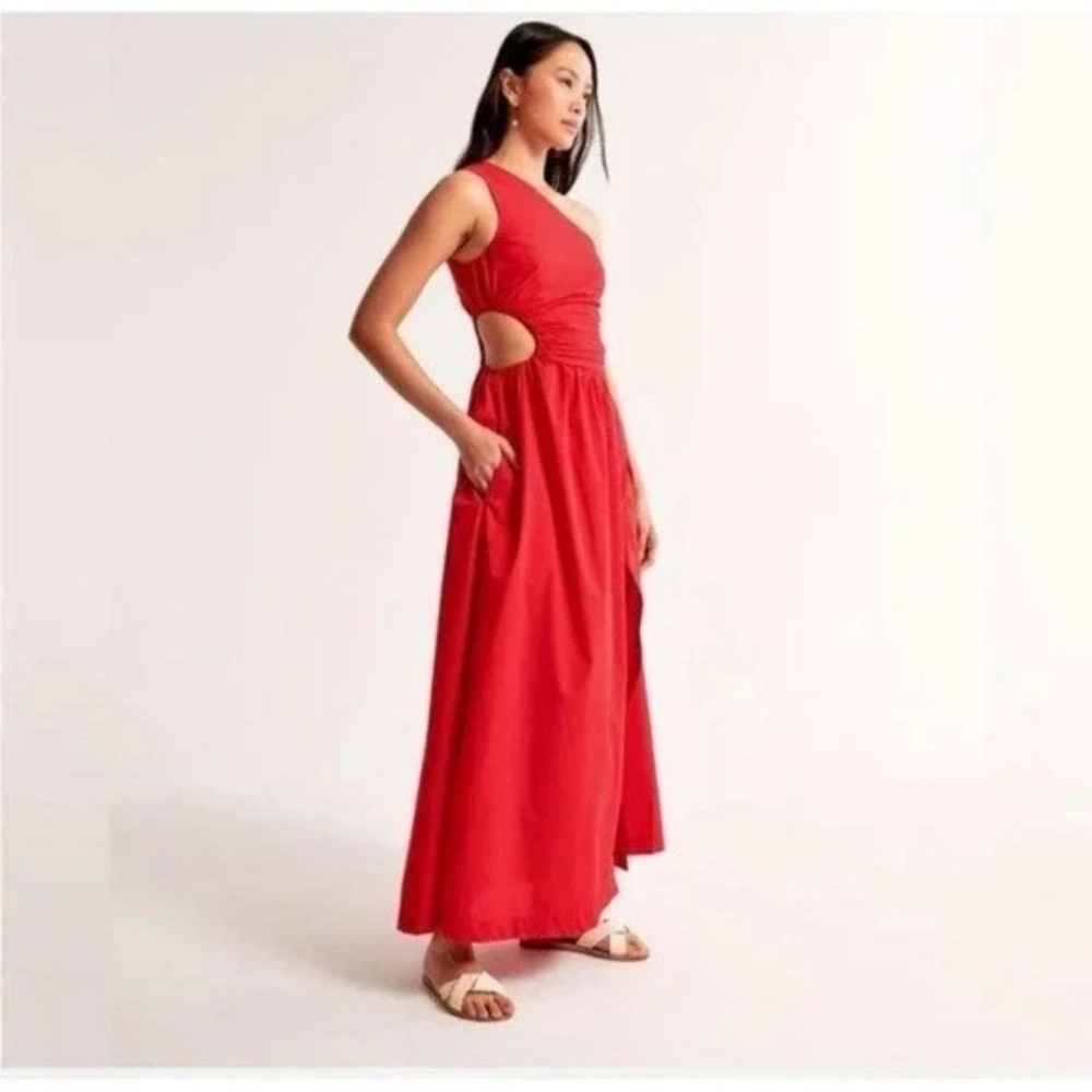 Abercrombie & Fitch Maxi One Shoulder Cut Out & Slit Dress Red Large